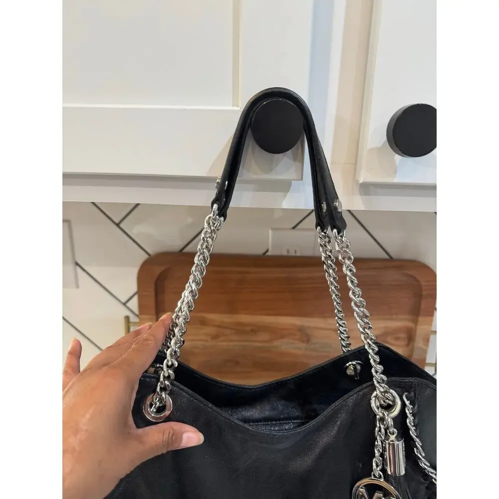 Michael Kors Chelsea shoulder bag black leather silver chain strap details 2012